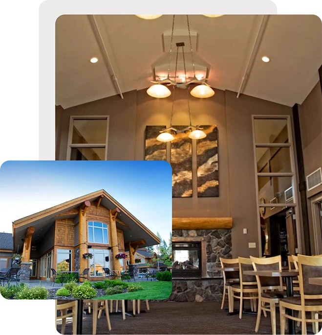 Alpine room fireplace and exterior leftside