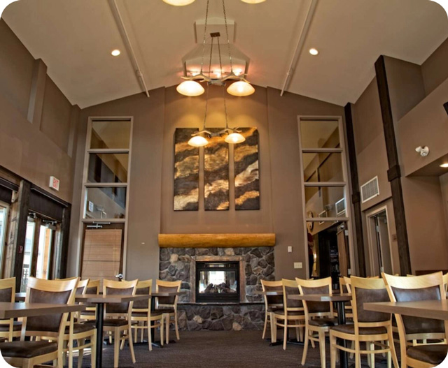 Alpine room interior seating fireplace