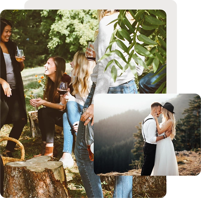 Friends gathered in nature setting and married couple on pathway