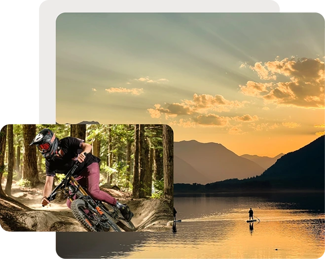 Mountain biking and paddleboarding collage