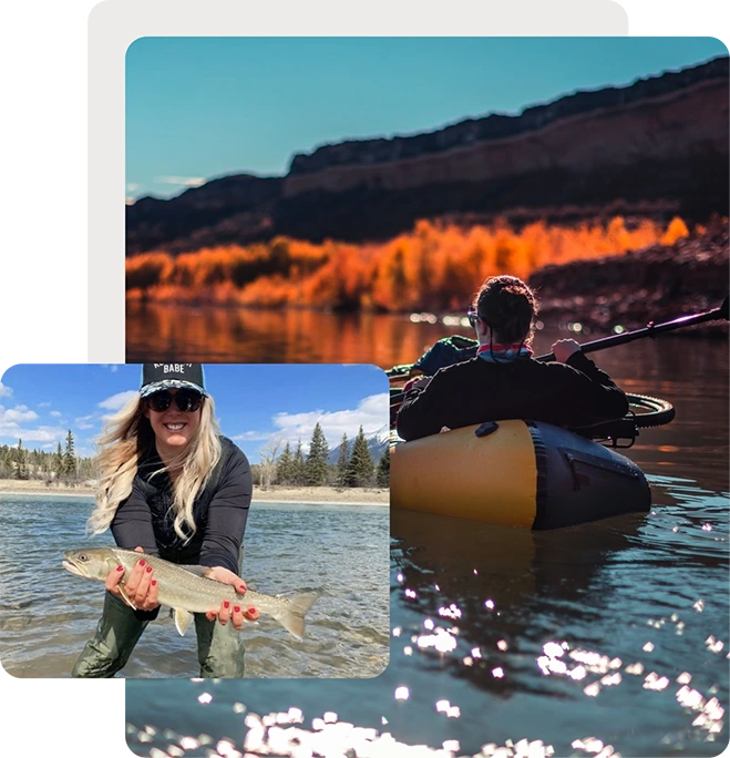 Woman holding fish and kayaking in lake