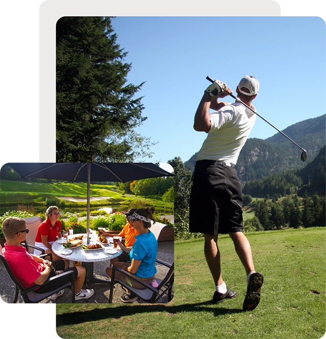 Friends enjoying lunch on golf course and golfer swinging
