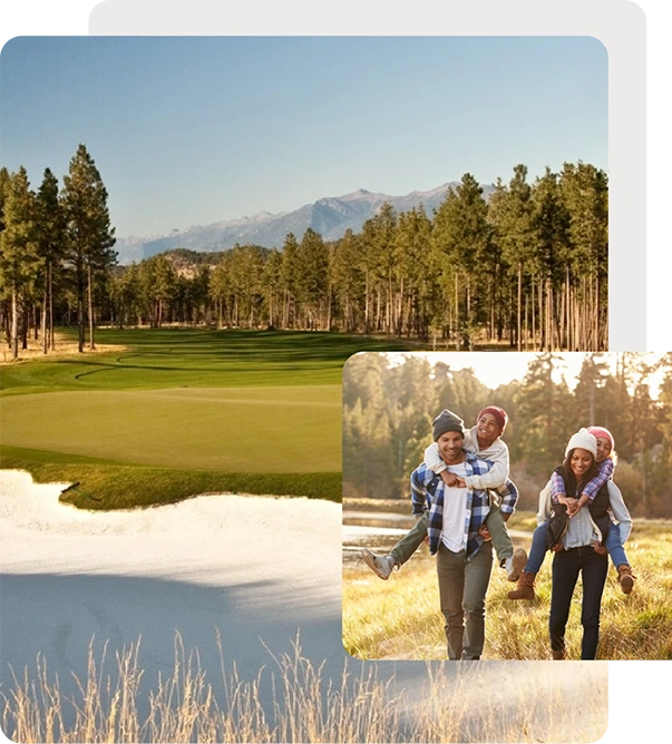 Image collage golf course and family hiking