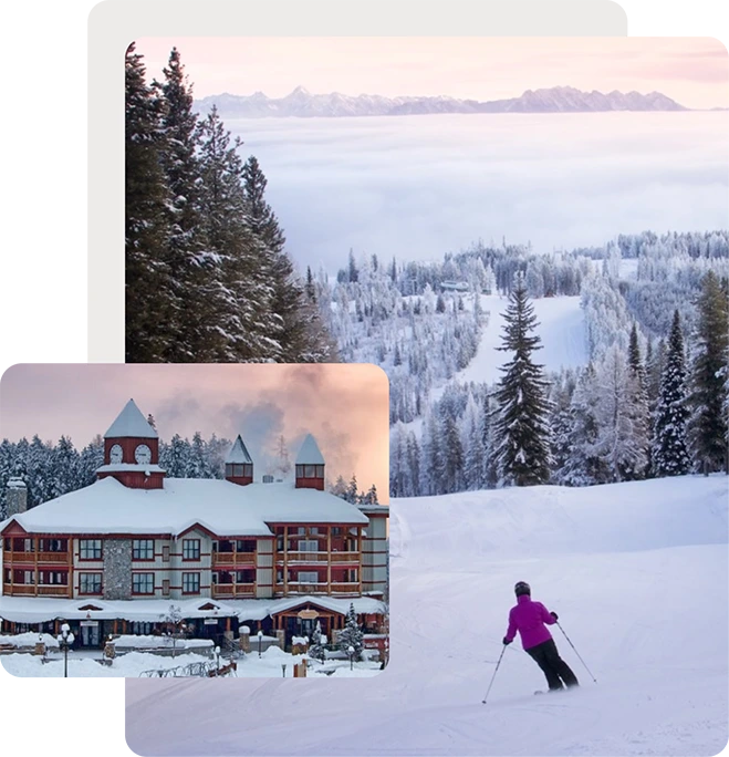 Woman downhill skiing with alpine resort lodge