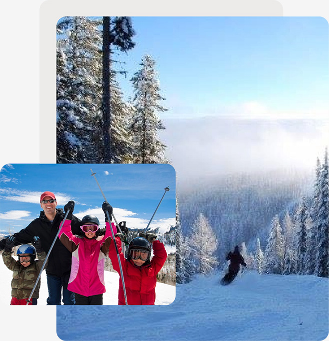 Family skiing with mountain view collage