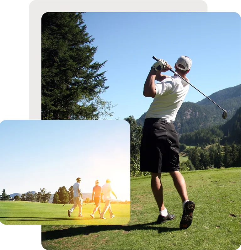 Friends golfing walking on fairway and swinging